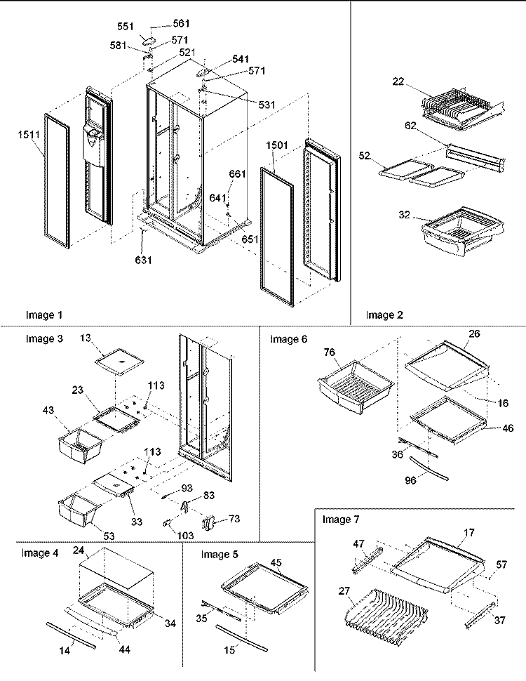 Hinges, & Refrigerator Shelving Diagram and Parts List for ARSE66MBC PARSE66MBC0 Amana Refrigerator