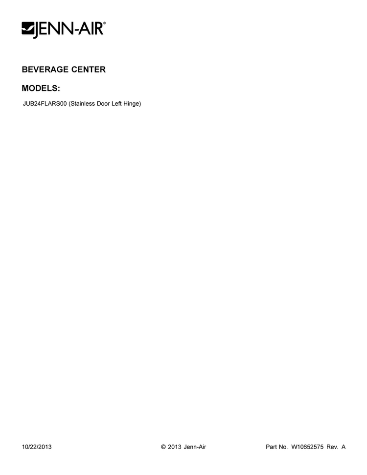 Cover Sheet Diagram and Parts List for JUB24FLARS00  Jenn-Air Wine and Beverage Cooler