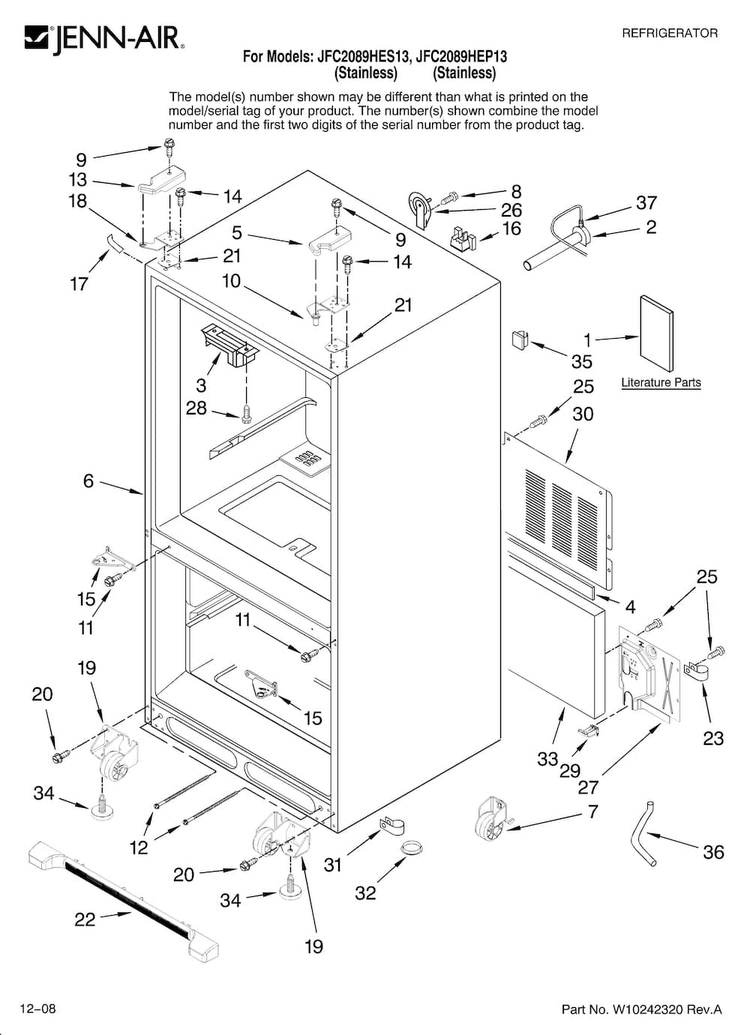 Cabinet Parts Diagram and Parts List for JFC2089HES13  Jenn-Air Refrigerator