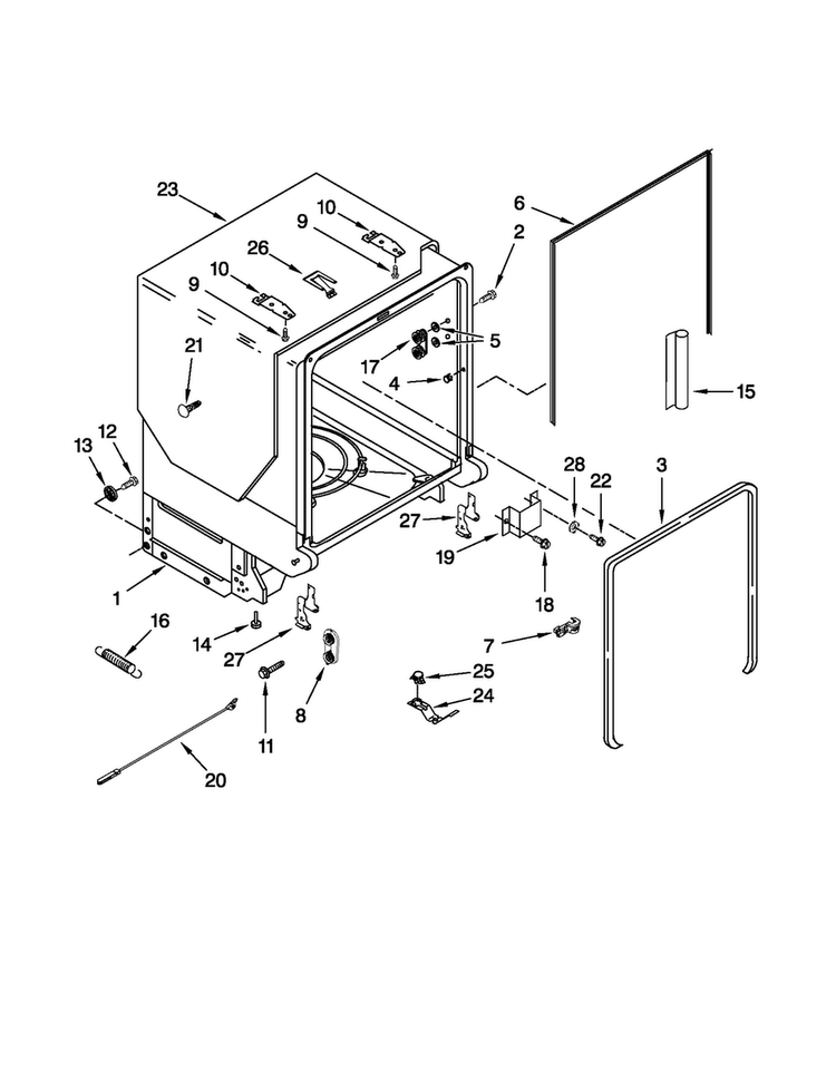 Tub And Frame Parts Diagram and Parts List for JDB3600AWS0  Jenn-Air Dishwasher