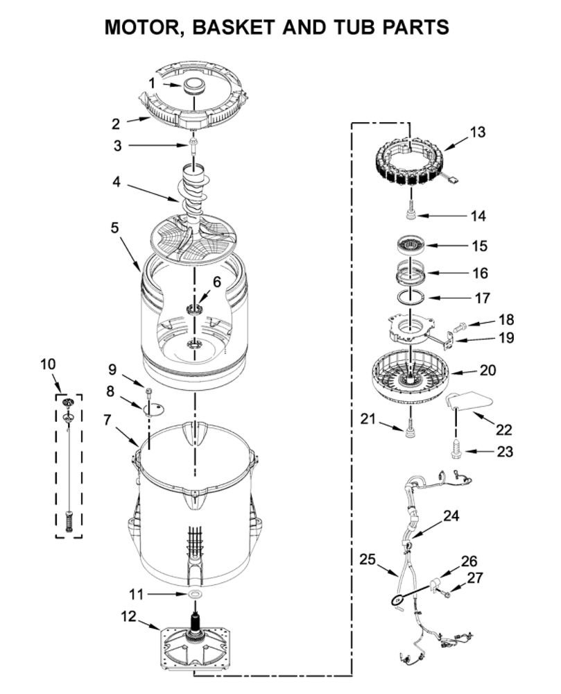 Motor, Basket And Tub Parts Diagram and Parts List for MVWB765FC4  Maytag Washer