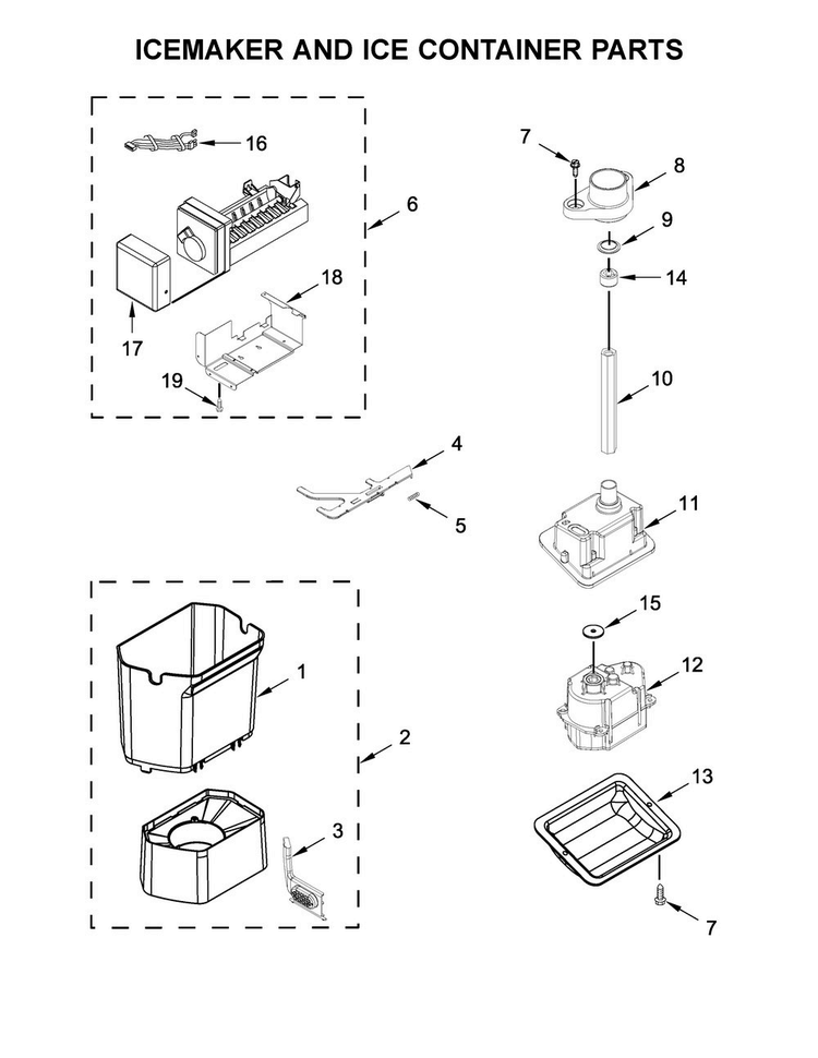 Icemaker And Ice Container Parts Diagram and Parts List for JS48SSDUDE01  Jenn-Air Refrigerator