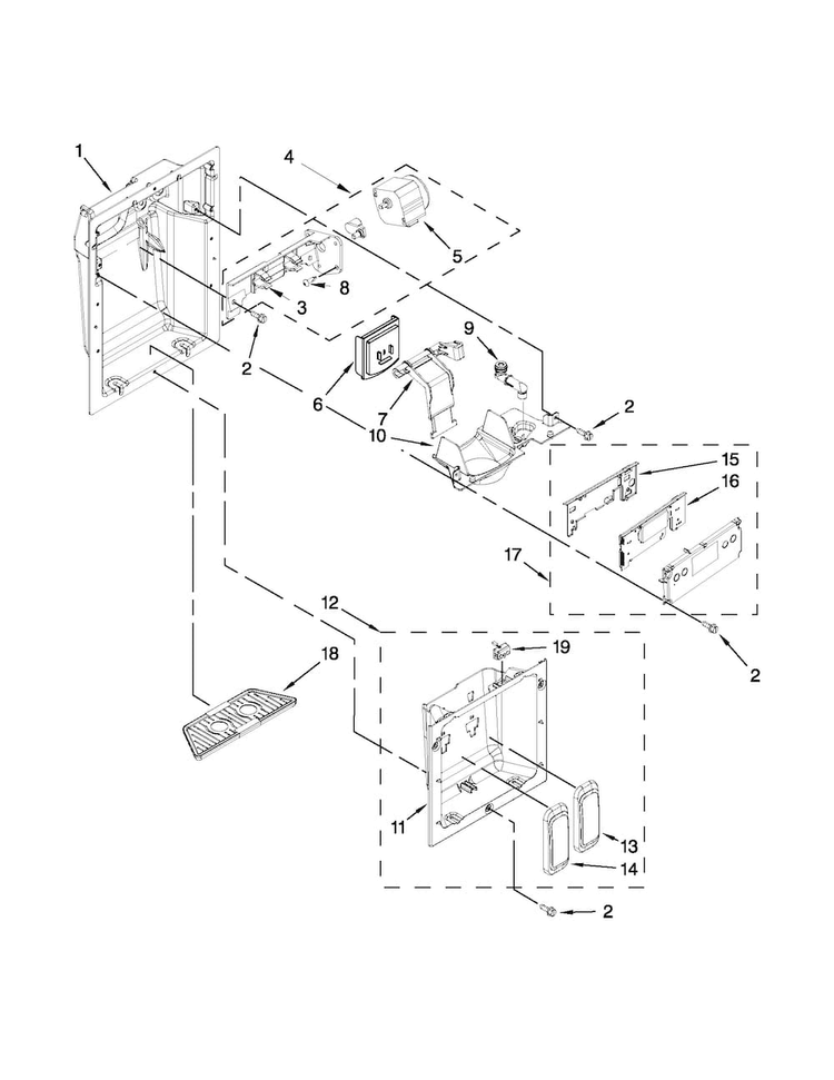 Dispenser Front Parts Diagram and Parts List for JS42PPDUDB16  Jenn-Air Refrigerator