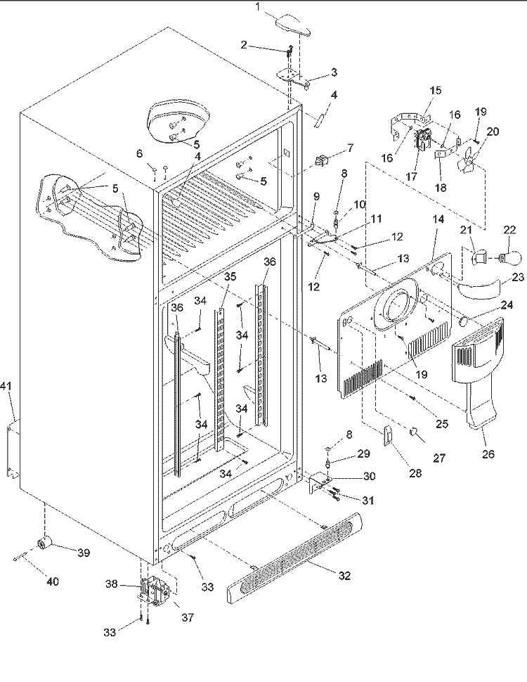 Cabinet, Hinges, Evap Fan & Rollers Diagram and Parts List for ARTE105BW PARTE105BW0 Amana Refrigerator