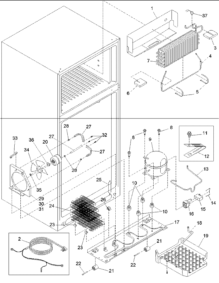 Evaporator and Machine Compartment Diagram and Parts List for ARTE105BW PARTE105BW0 Amana Refrigerator