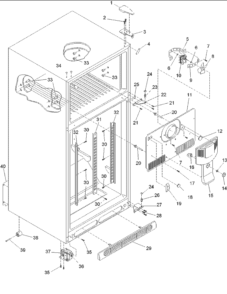 Cabinet, Hinges, Evap Fan & Rollers Diagram and Parts List for DRT1802BC PDRT1802BC0 Amana Refrigerator