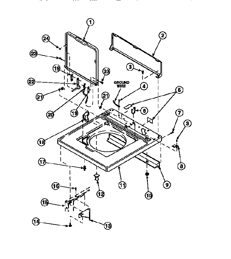 Cabinet Top, Loading Door And Control Hood Rear Panel Diagram and Parts List for CW8202W2-PCW8202W2B  Crosley Washer