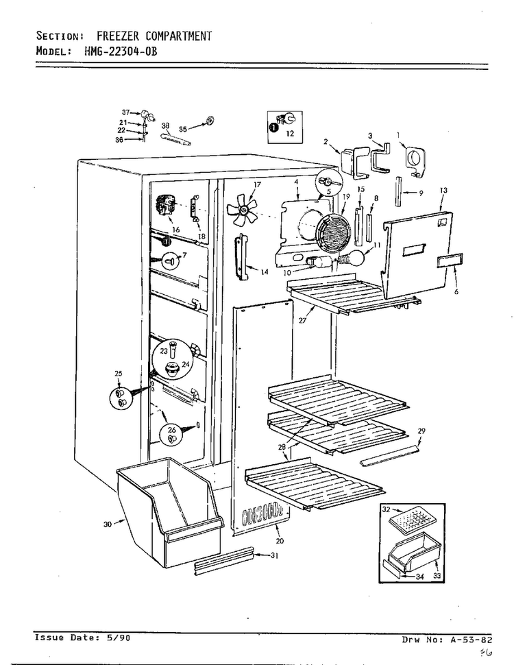 Freezer Compartment Diagram and Parts List for 22304-0B  Admiral Refrigerator