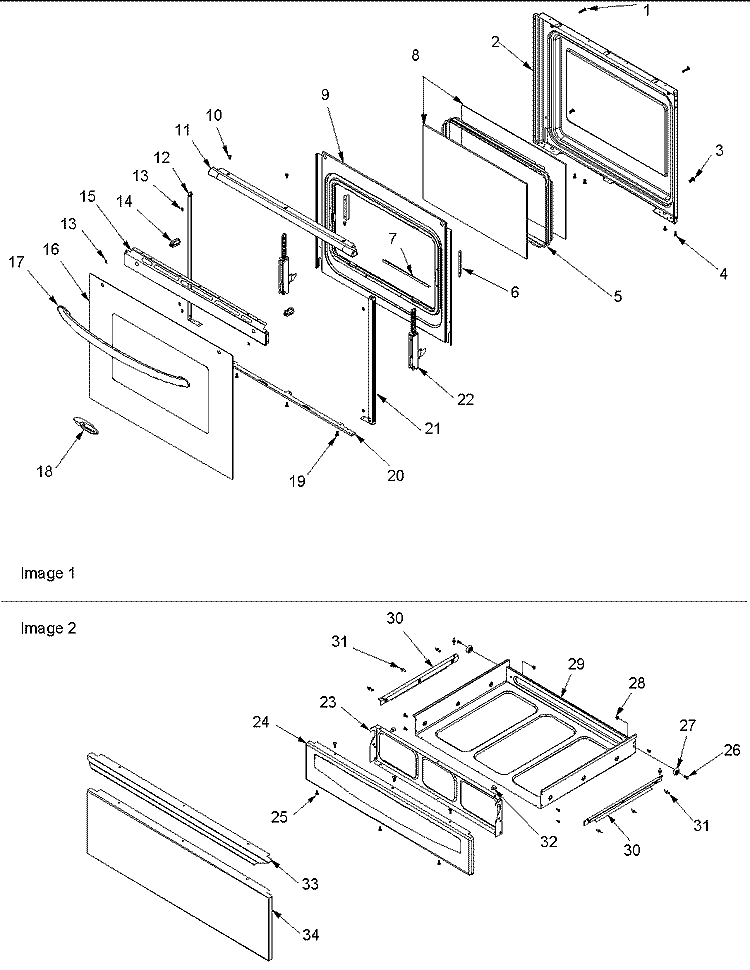 Oven Door and Storage Drawer Diagram and Parts List for ACF3355AW PACF3355AW1 Amana Range