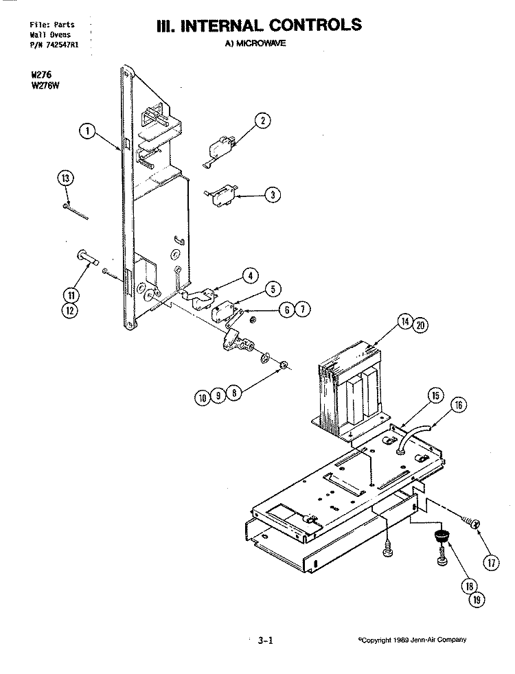 INTERNAL CONTROLS (UPPER) Diagram and Parts List for W276  Jenn-Air Microwave Oven Combo