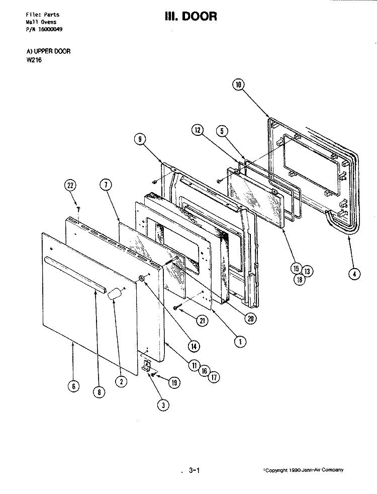 DOOR Diagram and Parts List for W216  Jenn-Air Wall Oven
