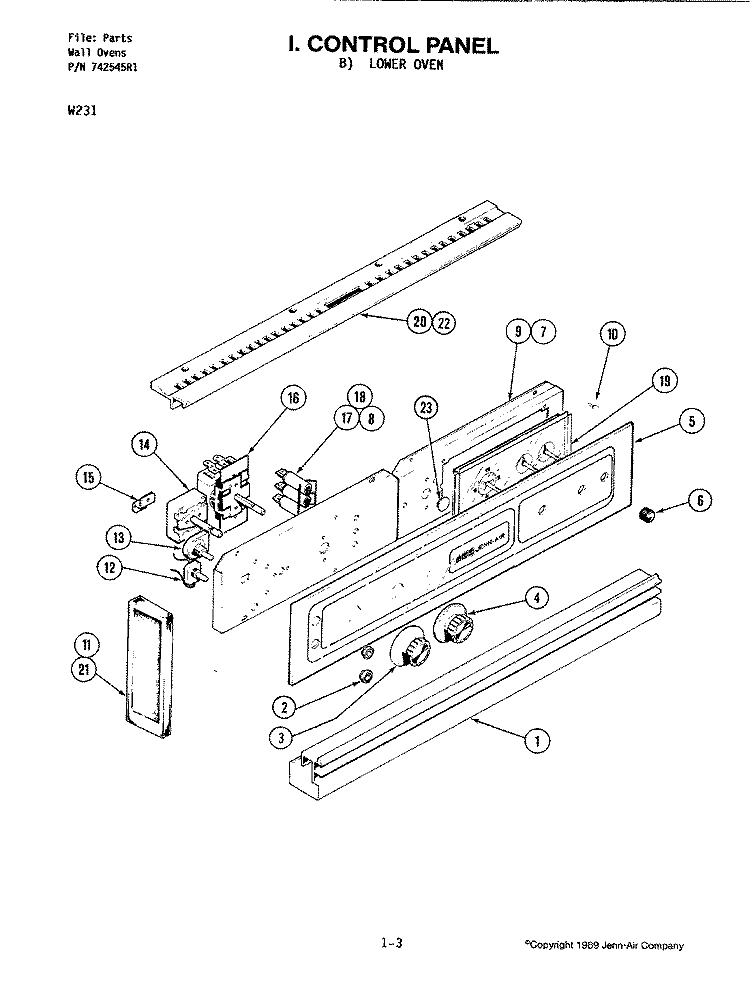 CONTROL PANEL (LOWER) Diagram and Parts List for W231  Jenn-Air Microwave Oven Combo