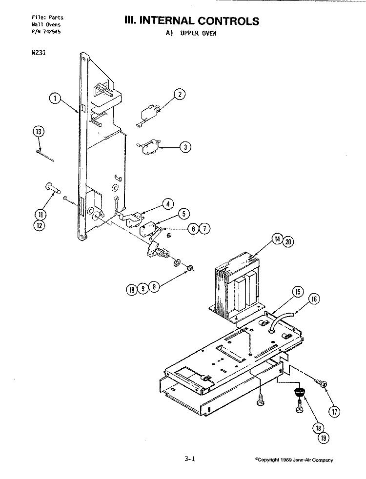 INTERNAL CONTROLS (UPPER) Diagram and Parts List for W231  Jenn-Air Microwave Oven Combo
