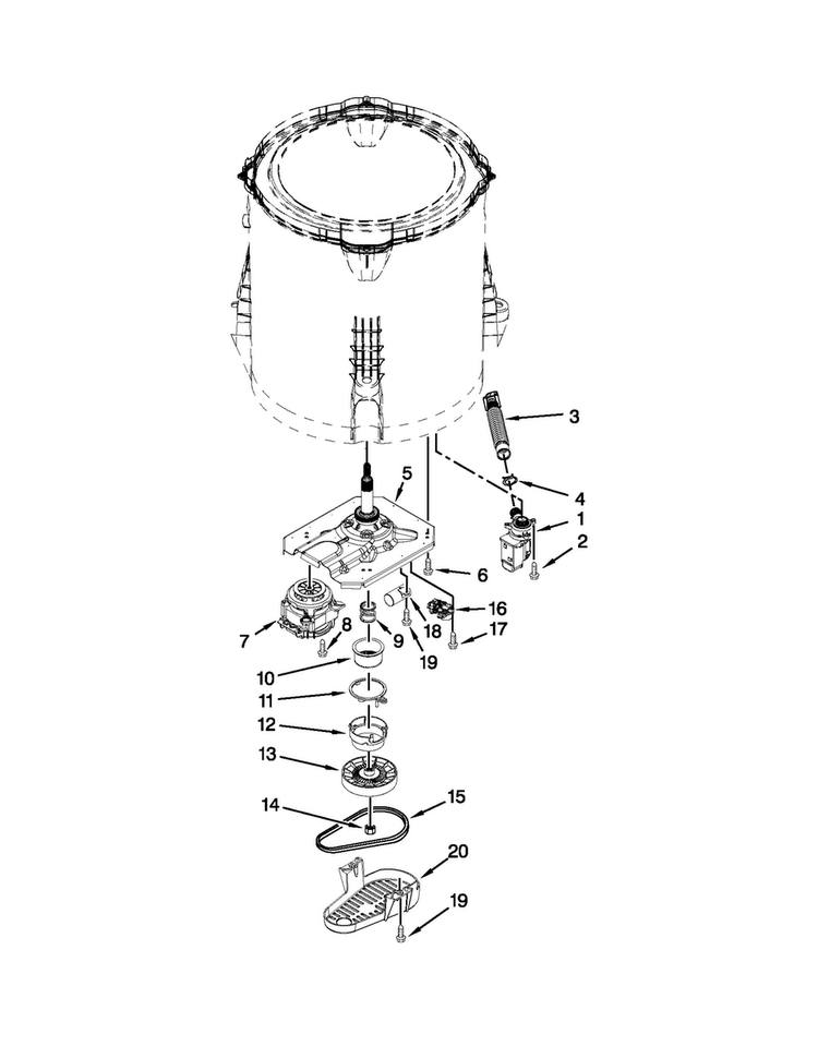Gearcase, Motor And Pump Parts Diagram and Parts List for 4GMVWC400YW2  Maytag Washer