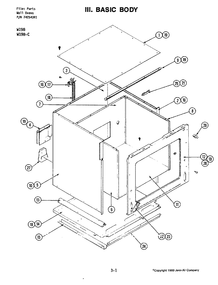 BODY Diagram and Parts List for W198-C  Jenn-Air Wall Oven
