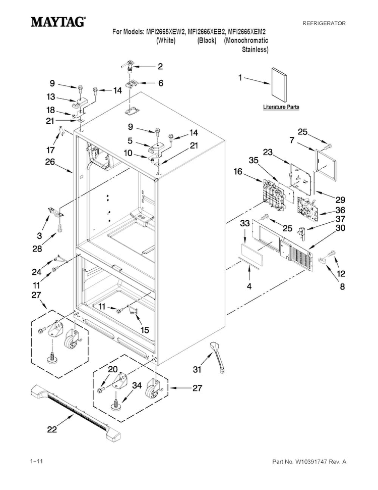 Cabinet Parts Diagram and Parts List for MFI2665XEB2  Maytag Refrigerator
