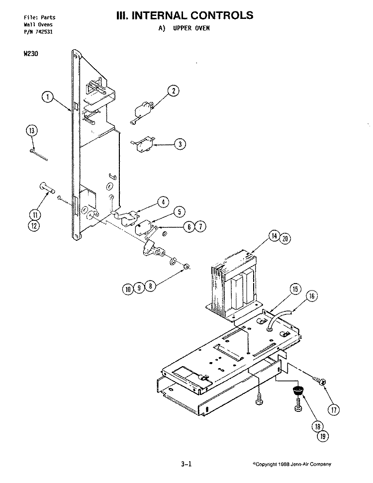 INTERNAL CONTROLS (UPPER M130) Diagram and Parts List for W230  Jenn-Air Microwave Oven Combo