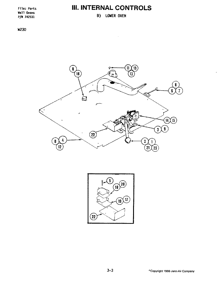 INTERNAL CONTROLS (LOWER) Diagram and Parts List for W230  Jenn-Air Microwave Oven Combo