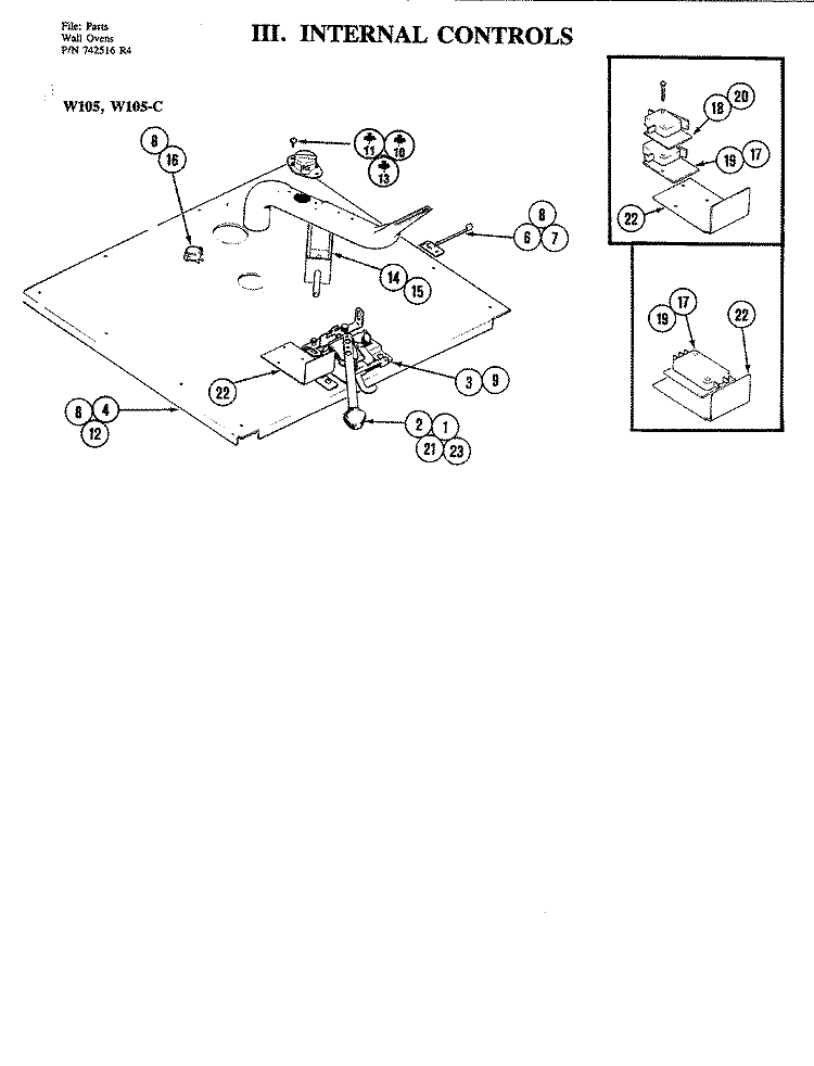 INTERNAL CONTROLS Diagram and Parts List for W105-C  Jenn-Air Wall Oven