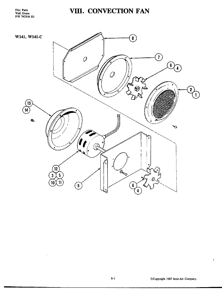 CONVECTION FAN Diagram and Parts List for W141  Jenn-Air Wall Oven