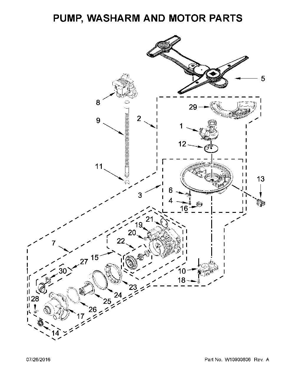 Pump, Washarm And Motor Parts Diagram and Parts List for 66514819N611  Kenmore Dishwasher