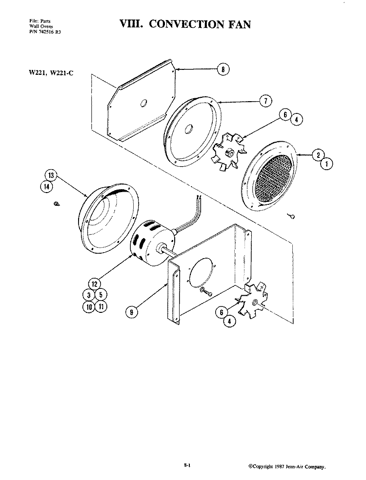 CONVECTION FAN Diagram and Parts List for W221-C  Jenn-Air Microwave Oven Combo