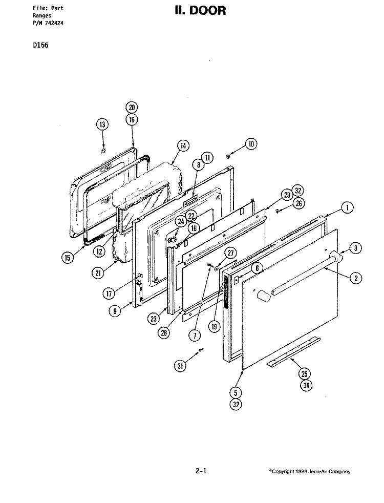 DOOR Diagram and Parts List for D156  Jenn-Air Wall Oven