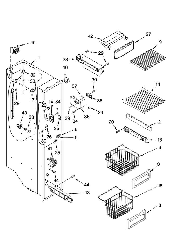 Freezer Liner Parts Diagram and Parts List for JCD2591WES00  Jenn-Air Refrigerator