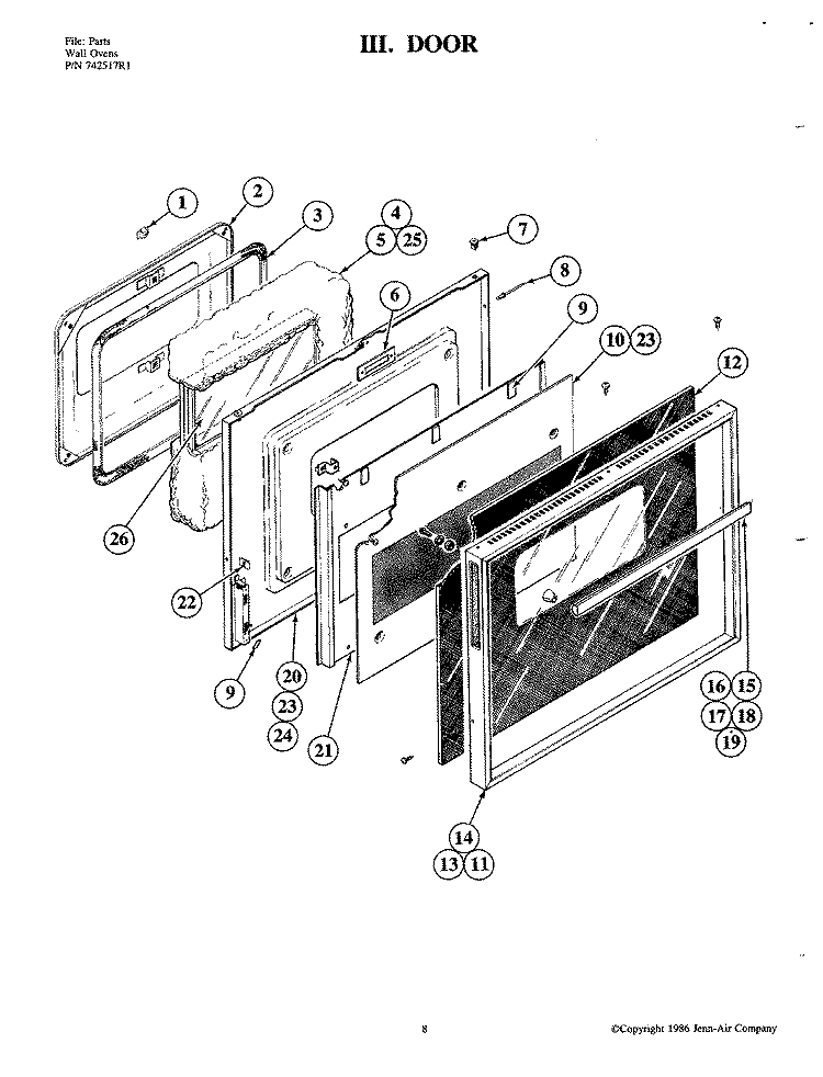 DOOR Diagram and Parts List for W181  Jenn-Air Wall Oven