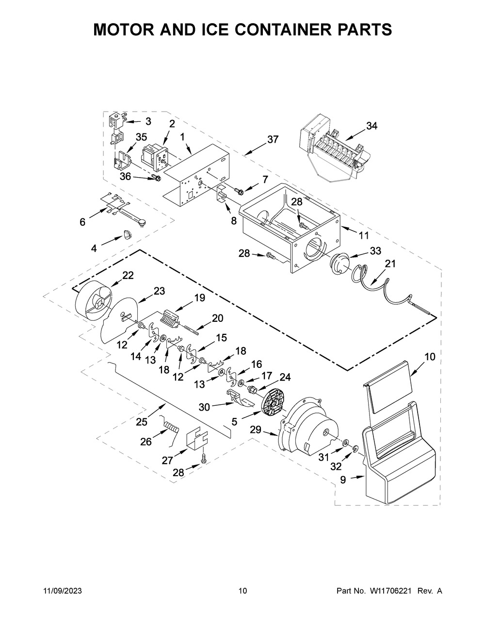Motor And Ice Container Parts Diagram and Parts List for ASI2175GRS09  Amana Refrigerator