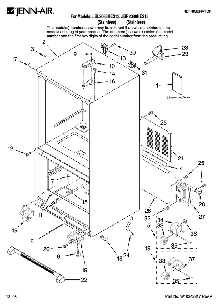 Cabinet Parts Diagram and Parts List for JBL2088HES13  Jenn-Air Refrigerator