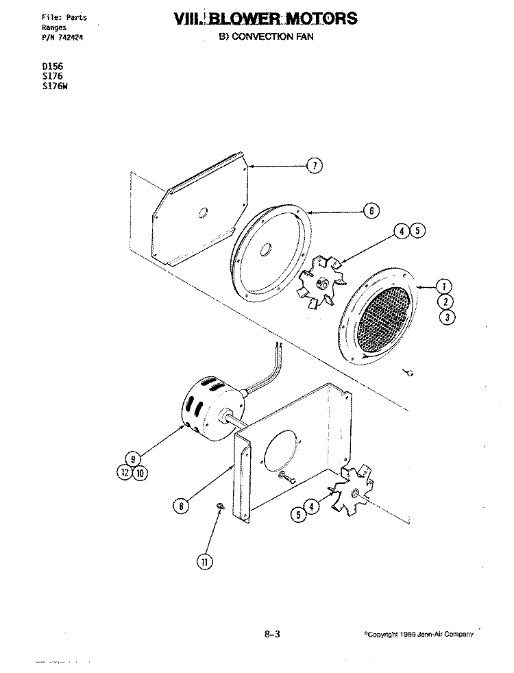 BLOWER MOTOR (CONVECTION FAN) Diagram and Parts List for S176  Jenn-Air Wall Oven