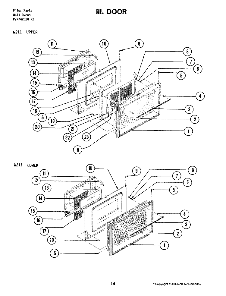 DOOR (UPPER) Diagram and Parts List for W211  Jenn-Air Wall Oven