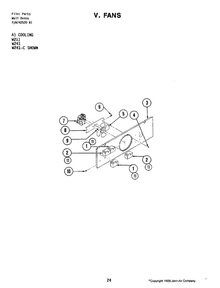 FANS (COOLING) Diagram and Parts List for W241  Jenn-Air Wall Oven