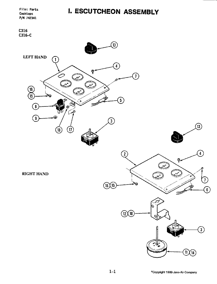 ESCUTCHEON ASSEMBLY Diagram and Parts List for C316-C  Jenn-Air Cooktop
