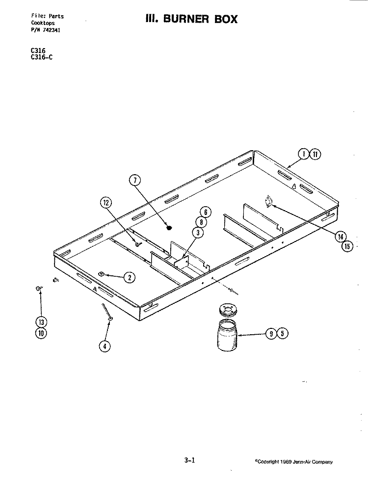 BURNER BOX Diagram and Parts List for C316-C  Jenn-Air Cooktop