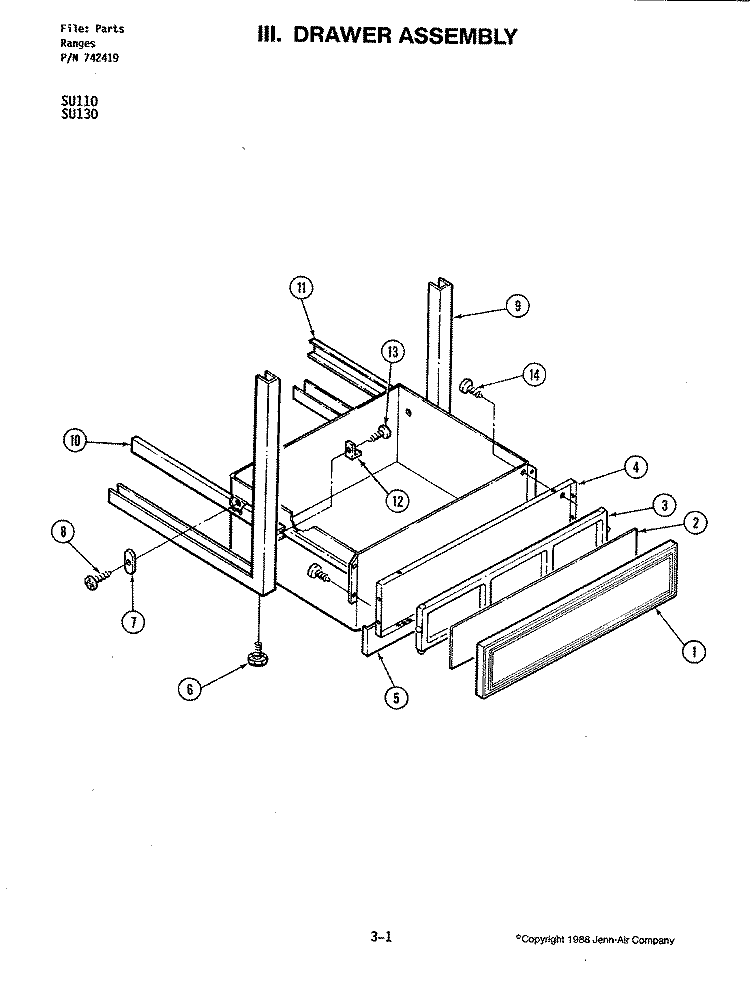 DRAWER ASSEMBLY Diagram and Parts List for SU110  Jenn-Air Wall Oven
