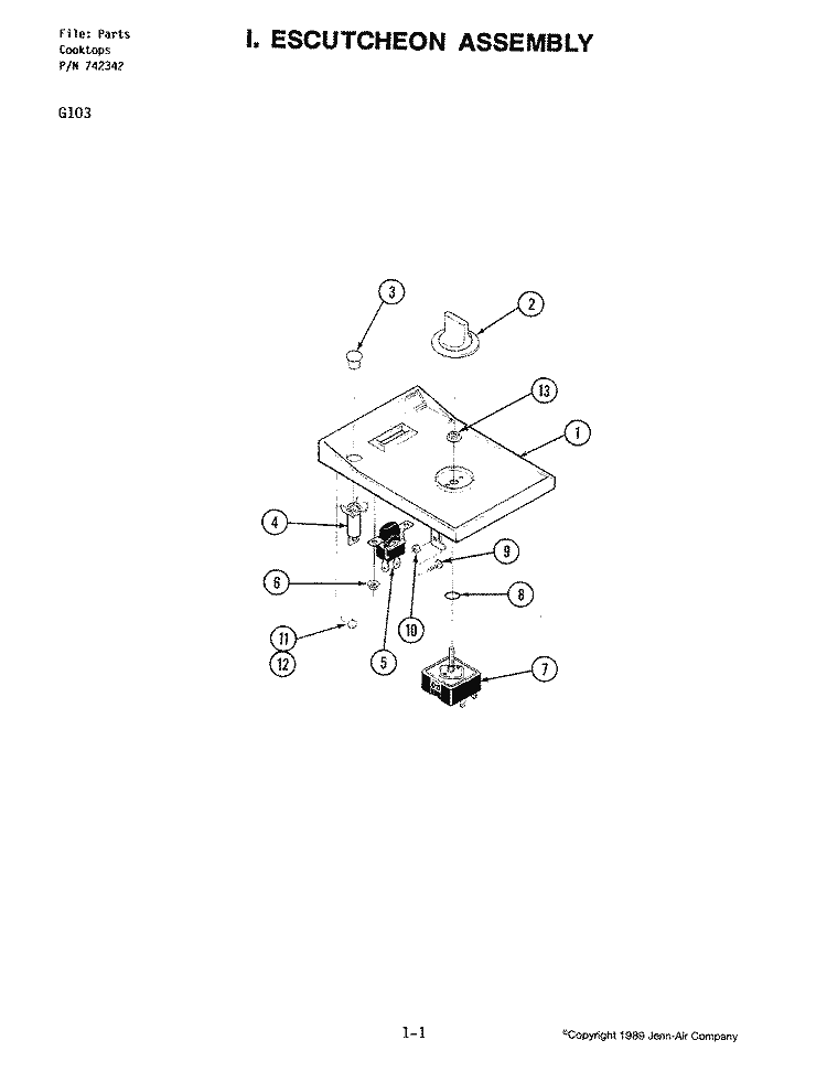 ESCUTCHEON ASSEMBLY Diagram and Parts List for G103  Jenn-Air Cooktop