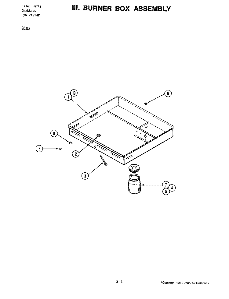 BURNER BOX ASSEMBLY Diagram and Parts List for G103  Jenn-Air Cooktop