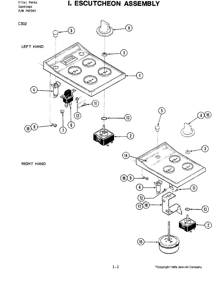 ESCUTCHEON ASSEMBLY Diagram and Parts List for C302  Jenn-Air Cooktop