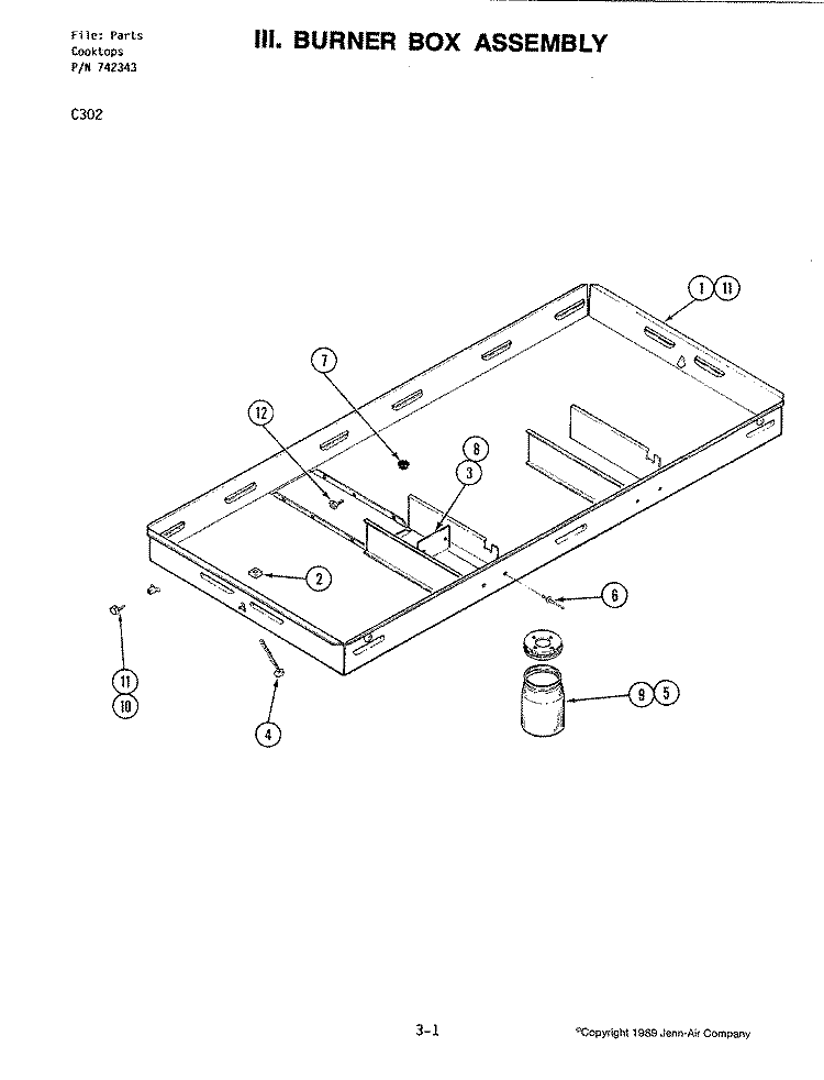 BURNER BOX ASSEMBLY Diagram and Parts List for C302  Jenn-Air Cooktop