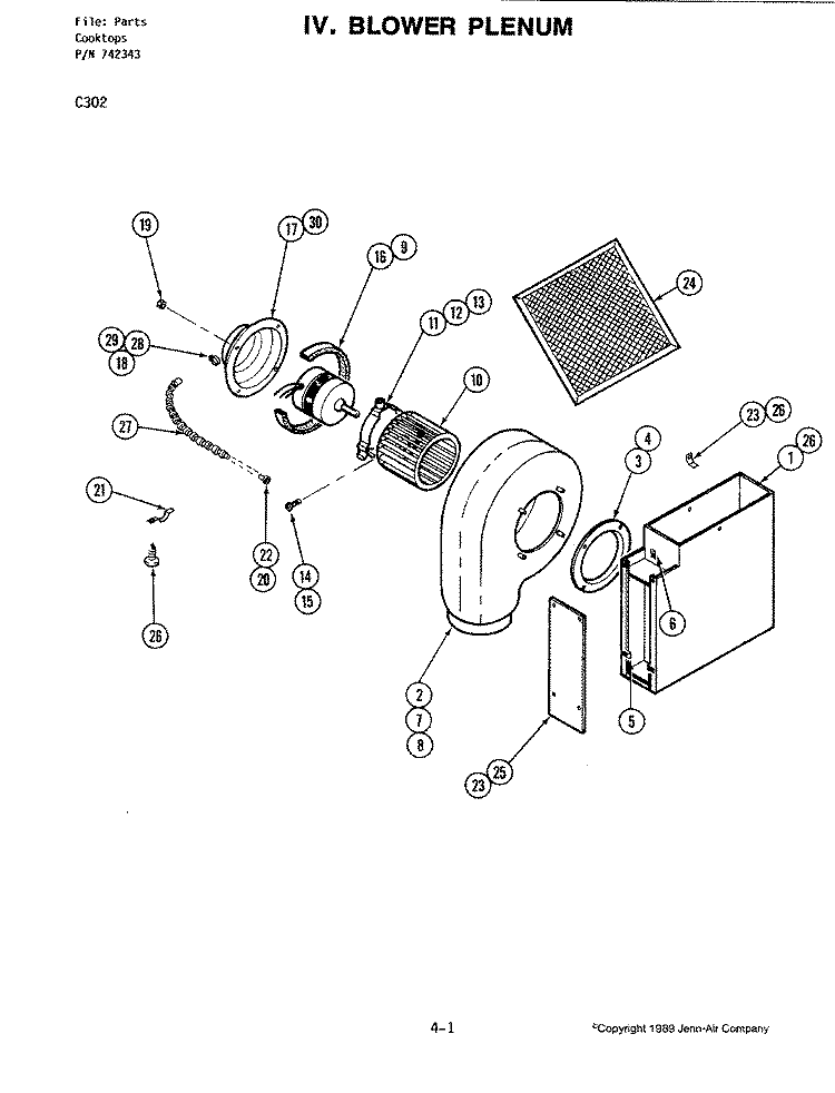 BLOWER PLENUM Diagram and Parts List for C302  Jenn-Air Cooktop