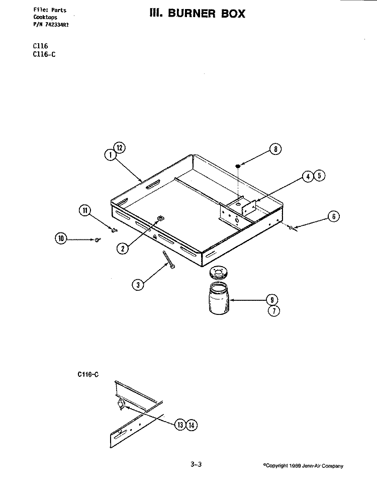 BURNER BOX Diagram and Parts List for C116  Jenn-Air Cooktop