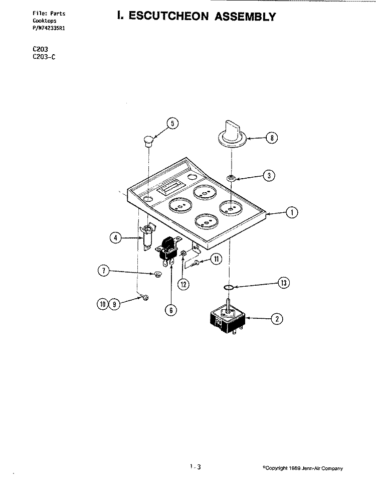ESCUTCHEON ASSEMBLY Diagram and Parts List for C203-C  Jenn-Air Cooktop