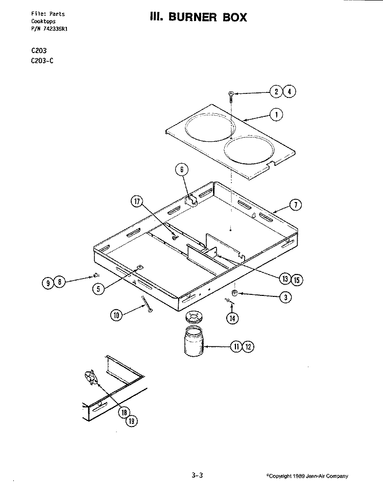 BURNER BOX Diagram and Parts List for C203-C  Jenn-Air Cooktop