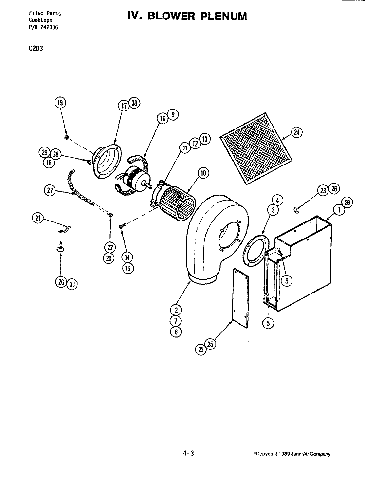 BLOWER PLENUM Diagram and Parts List for C203-C  Jenn-Air Cooktop