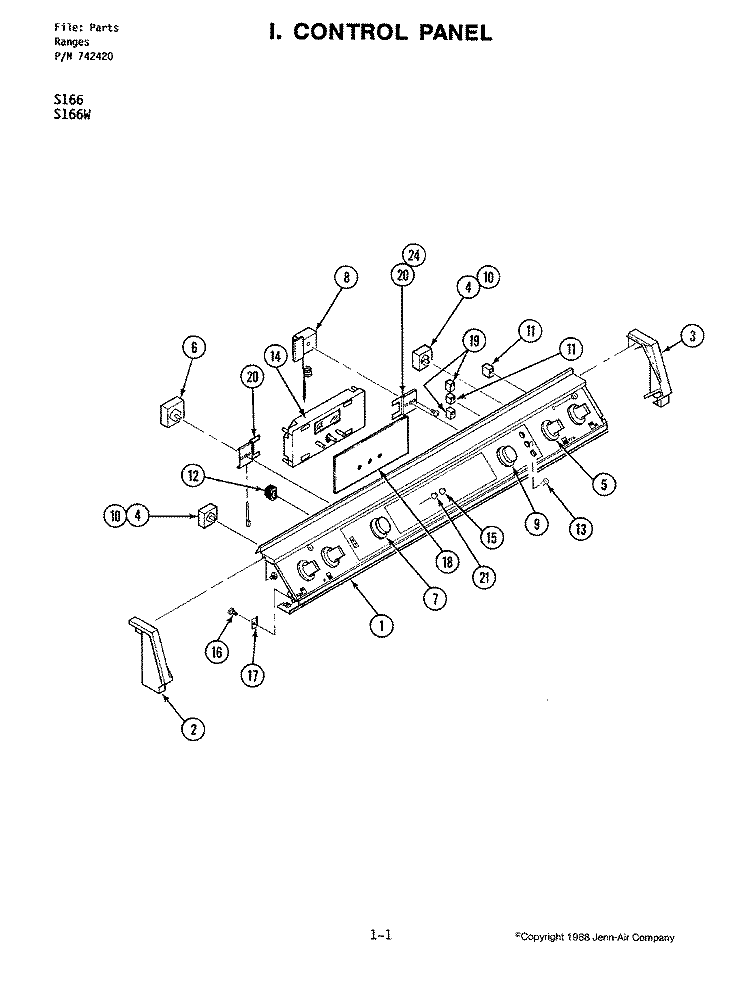 CONTROL PANEL Diagram and Parts List for S166  Jenn-Air Range
