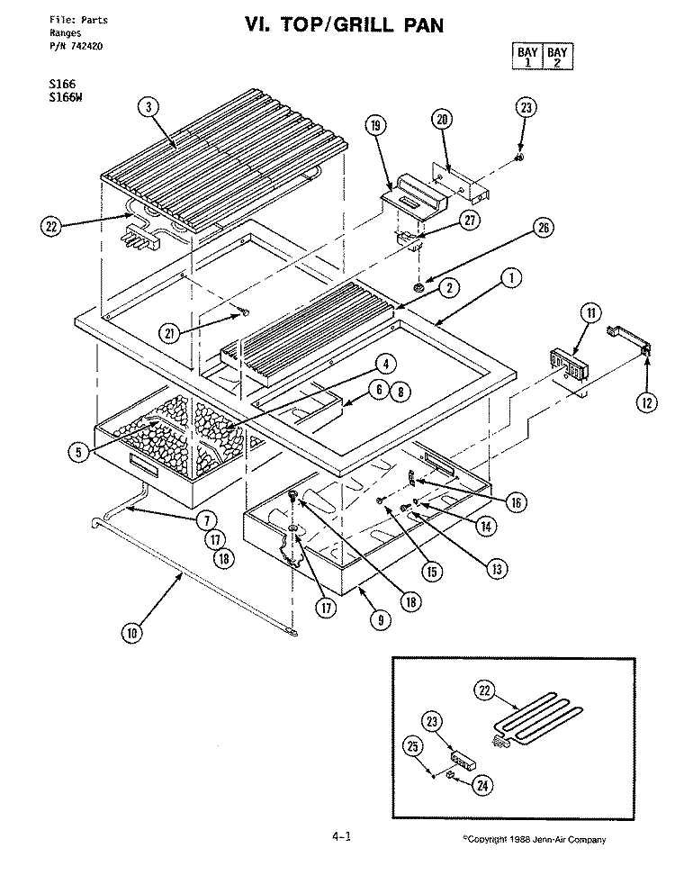 TOP ASSEMBLY Diagram and Parts List for S166  Jenn-Air Range