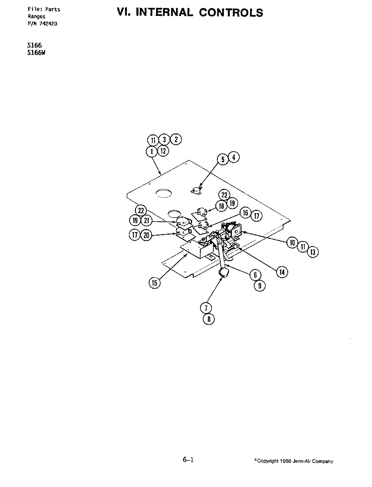 INTERNAL CONTROLS Diagram and Parts List for S166  Jenn-Air Range