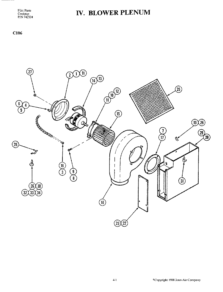 BLOWER PLENUM (C106) Diagram and Parts List for C106  Jenn-Air Cooktop